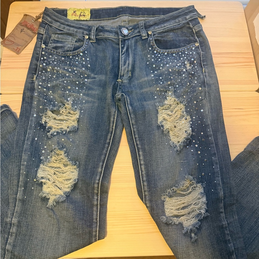 Machine Blue Straight Leg Jeans with Distressed Details